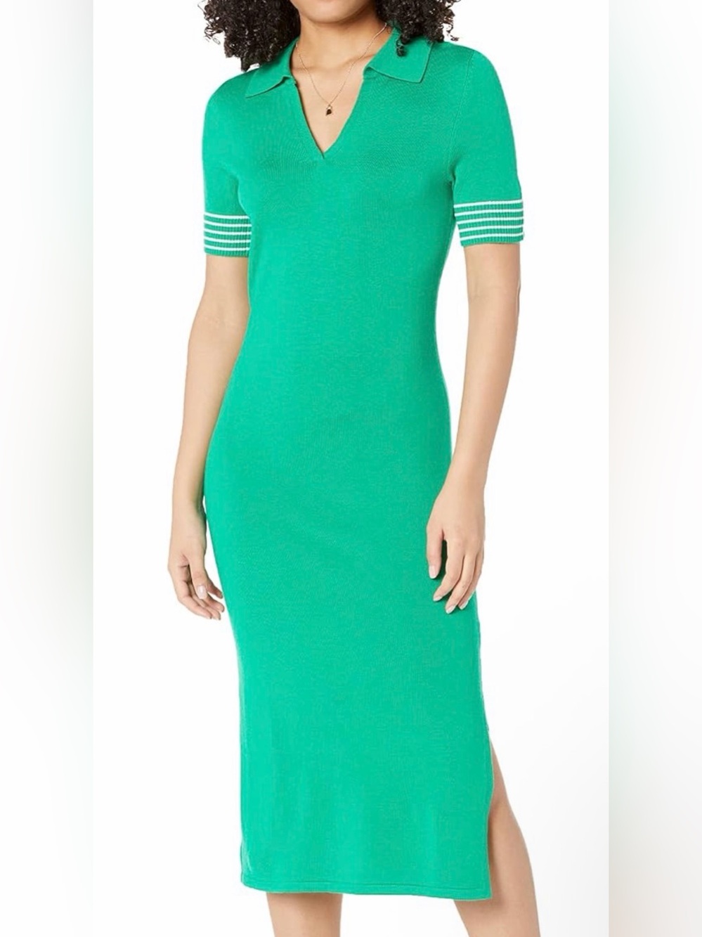 The Drop Fitted Green Polo Midi Dress with Stripe Sleeve Detail